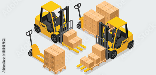 Yellow forklifts and pallet jack moving boxes in a warehouse setting