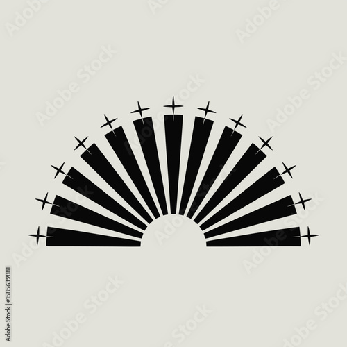 Abstract black sunburst with radiating lines and starbursts on a light grey background