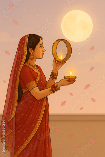 Indian Woman Celebrating Karwa Chauth, Holding Diya and Sieve, Looking at Full Moon, Traditional Festival Illustration