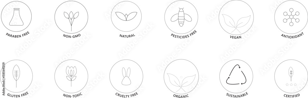 Fototapeta premium Natural cosmetic icon set. organic product badges. Allergen free line icons. GMO free product. Certified natural stickers. Healthy eating. Vegan, bio food label. Cruelty free. illustration vector 