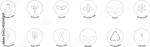 Natural cosmetic icon set. organic product badges. Allergen free line icons. GMO free product. Certified natural stickers. Healthy eating. Vegan, bio food label. Cruelty free.  illustration vector 