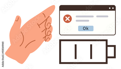 Hand signaling stop with error message and low battery symbol. Ideal for caution, alerts, system error, energy depletion, warnings, fatigue, urgency. Simple flat metaphor