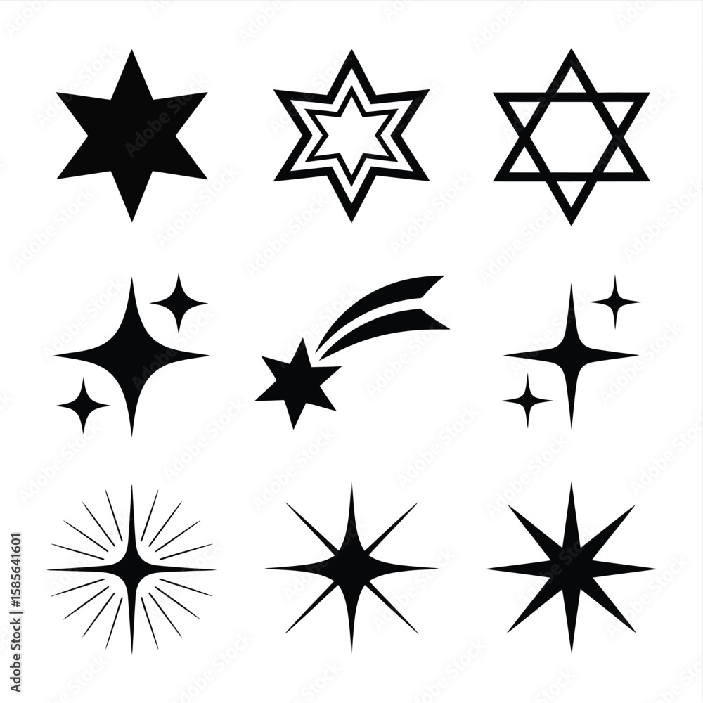 Obraz premium Collection of nine black star icons and symbols on a white background