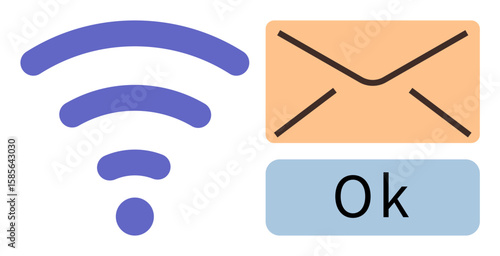wireless signal symbol, email icon, and confirmation button with Ok. Ideal for connectivity, communication, email, notifications, technology internet services digital interaction. Simple flat