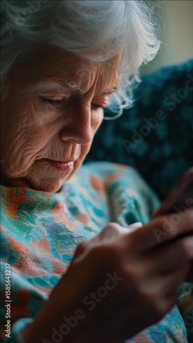 Older woman engrossed in her cell phone, possibly texting or reading email