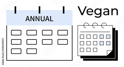Minimalist calendar layout with Annual header and Vegan text emphasizes eco-conscious lifestyle, dietary planning, event scheduling. Ideal for health, sustainability, meal prep, ethical living