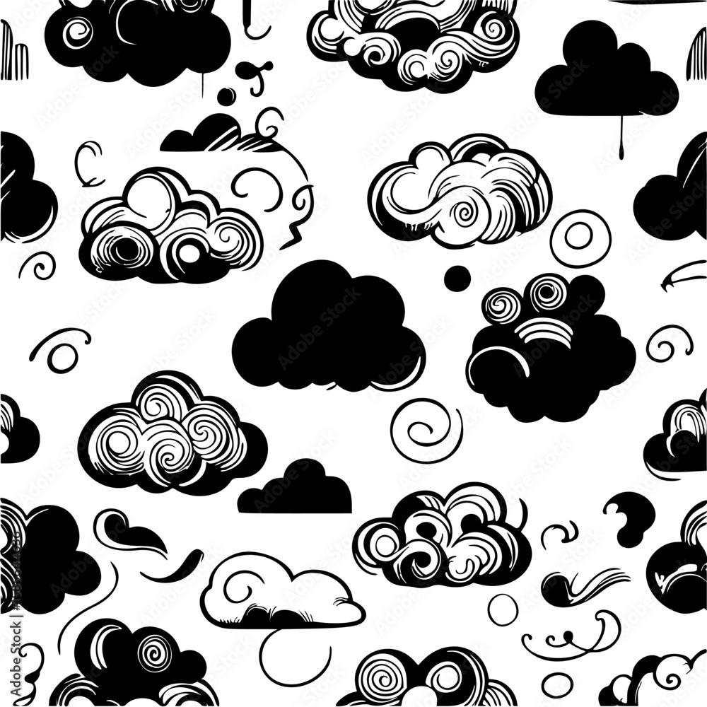 Fototapeta premium Seamless vector with hand-drawn cloud shapes, curly lines, and ink blots in sketchy black strokes.