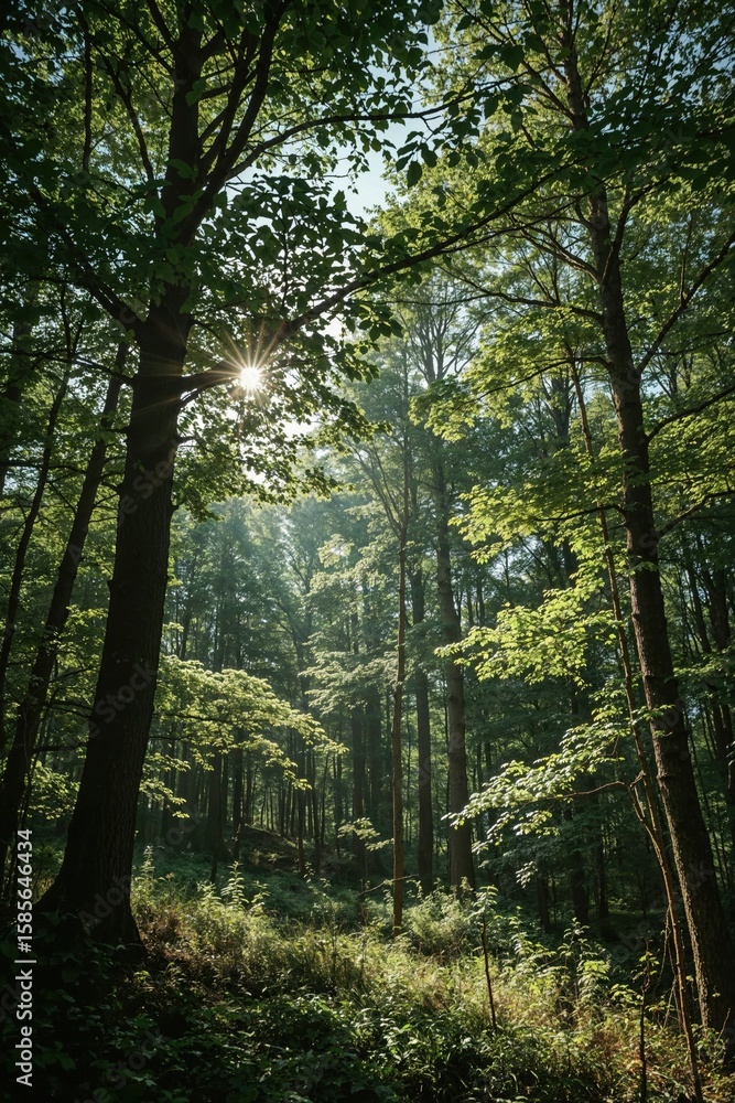 Naklejka premium High-resolution forest with visible light beams and subtle fog, great for fantasy scenes, game backgrounds, or wellness sites