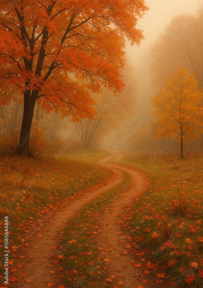 Obraz premium Misty autumn path with foliage
