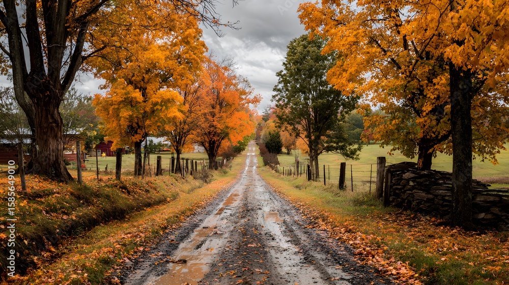 Naklejka premium Colorful fall landscape orange and yellow trees flanking a narrow muddy road fence hidden under fallen leaves peaceful rural path under overcast sky