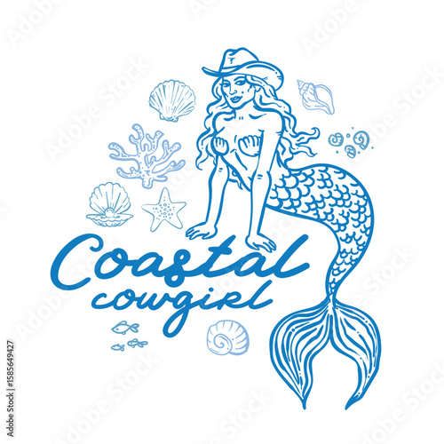 Whimsical Coastal Cowgirl hand drawn vector illustration 