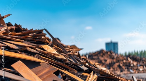 Pile of wooden debris in a scrapyard under a clear blue sky with distant industrial structures