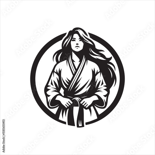 Strong Woman in Karate Gi with Flowing Hair Black and White Emblem.