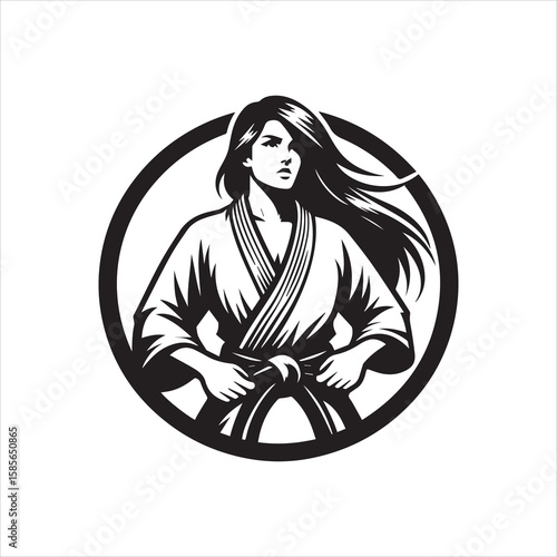 Striking monochrome illustration of a determined woman in karate uniform.