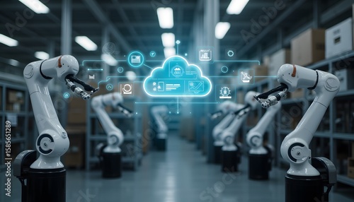 Advanced Robotic Arms in a Modern Warehouse Setting with Cloud Technology Overlay