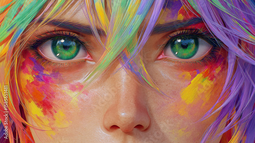 Close up of a woman with bright green eyes and colorful hair