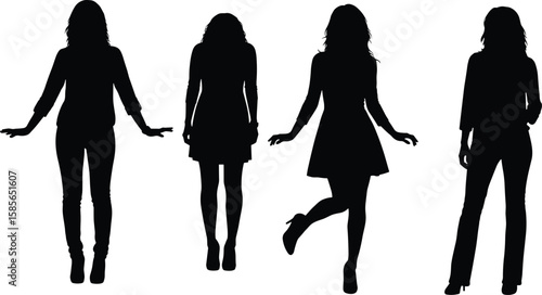 Silhouette of four stylish young women standing and posing in various outfits, fashion illustration concept on white background, isolated vector