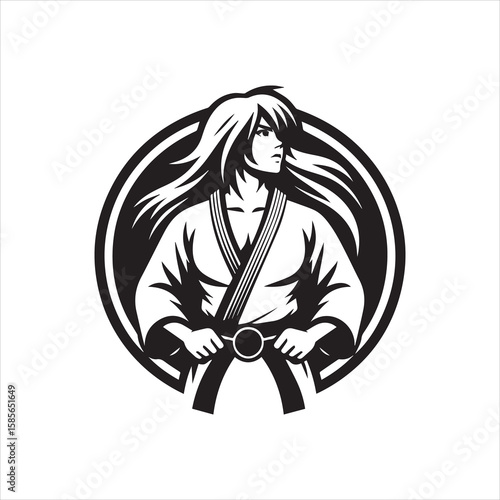 Stylized Karateka with Flowing Hair in Circular Emblem Design.