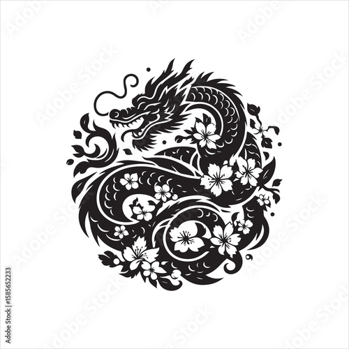 Ornate Dragon Coiled in Floral Circle Black Silhouette.