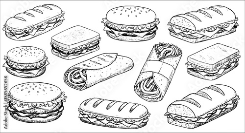 Black and white line art illustration featuring an assortment of popular fast food items: hamburgers, long sub sandwiches, classic club sandwiches, and delicious rolled wraps.