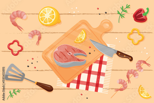 Food illustration.BBQ and grill dinner poster. Banner with food on cutting board : fish steak, lemon, pepper, shrimp, knife and spatula on wooden table.Culinary backdrop.Vector illustration. 