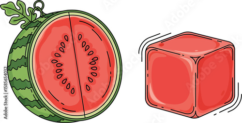 A halved watermelon and a red cube, stylized illustration.