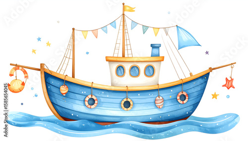 Whimsical Blue Watercolor Boat Illustration