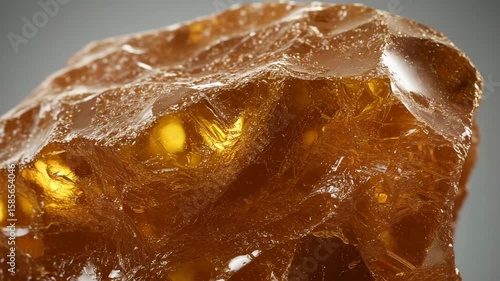 Rough amber stone with glowing inclusions in natural lighting  