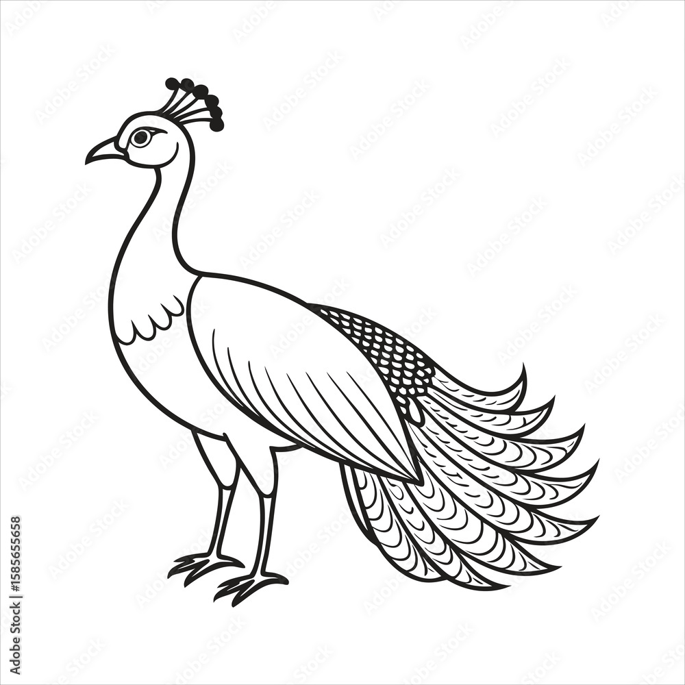 Fototapeta premium Stylized line art peacock standing profile isolated on white background