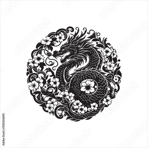 Intricate Dragon and Floral Circle Design in Black and White Silhouette.