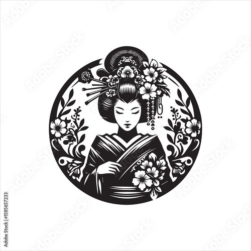 Elegant Geisha in a Floral Circle Intricate Black and White Illustration.