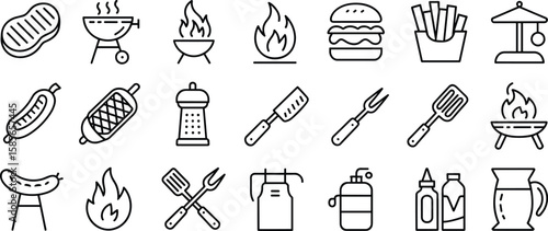 BBQ and grilling line icon set with steak, fire, burger, tools, editable stroke, perfect for summer cookout designs