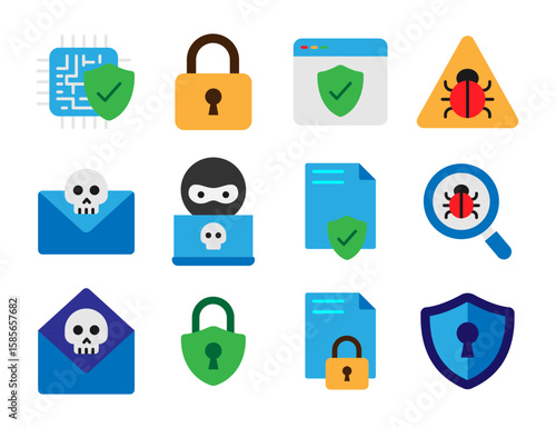 Vector illustration of a Cybersecurity icon pack in flat style isolated in white background. Modern and minimalist chart illustration