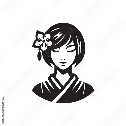 Elegant Black and White Silhouette of a Japanese Woman in Traditional Attire.