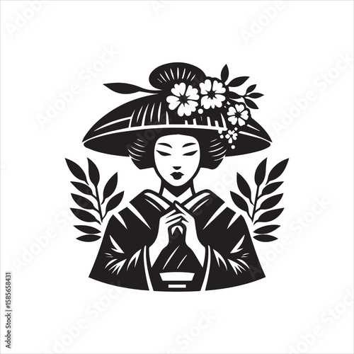Elegant Black and White Silhouette of a Japanese Geisha.