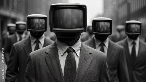 Surreal image of people with old-fashioned TV sets as heads, symbolizing mind control and manipulation through media and technology. Dark, thought-provoking concept with dystopian vibes.


