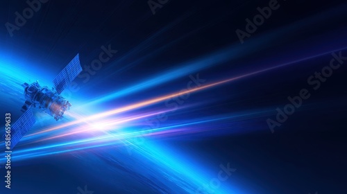 A futuristic satellite or spacecraft orbiting Earth, emitting vibrant light beams into space