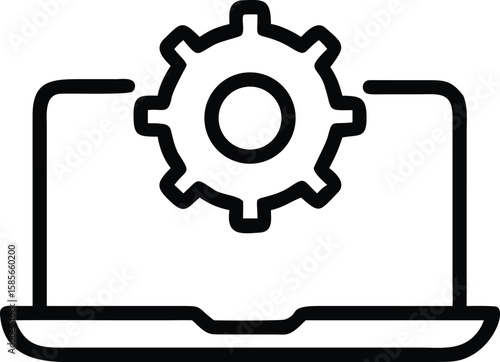 Laptop computer with gear outline icon, system update concept in line art style