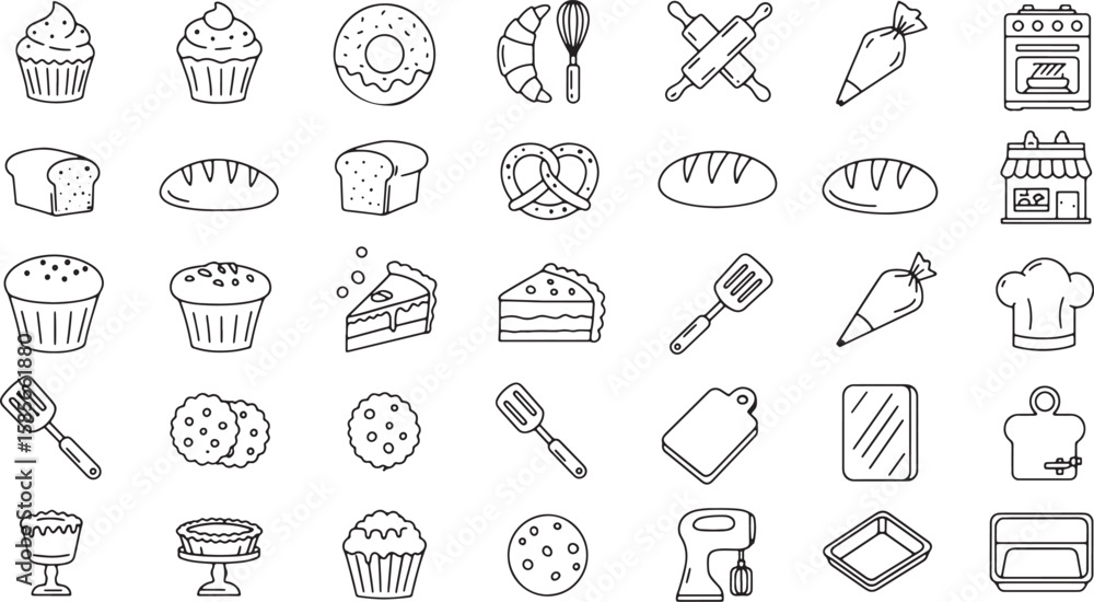 Fototapeta premium Vector set of bakery and baking line icons. Collection of outline symbols for pastry, bread, desserts, and kitchen equipment. Includes cupcakes, croissants, rolling pin, and mixer.