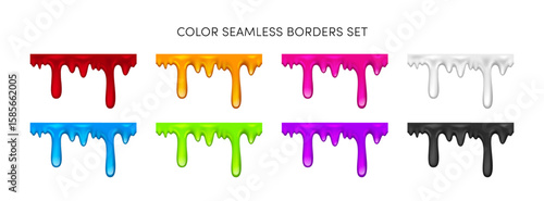 Vector Color Paint Drips Seamless Border set. Red, orange, pink, blue, green, black and white dripping paint background. Liquid flowing down glossy stains, splatter realistic 3d design element, decor.