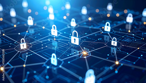 Abstract Network Security Concept with Glowing Padlocks and Lines