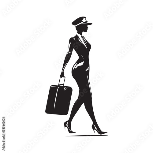 Vector image of a flight attendant walking while carrying a bag, showing a professional figure with a distinctive uniform and a confident attitude isolated on a white background