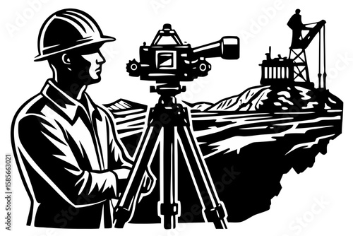 Surveyor with theodolite on tripod in landscape silhouette isolated on transparent background