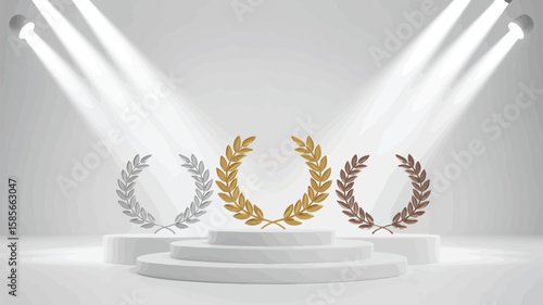 Gold silver and bronze laurel wreaths on a podium under spotlights