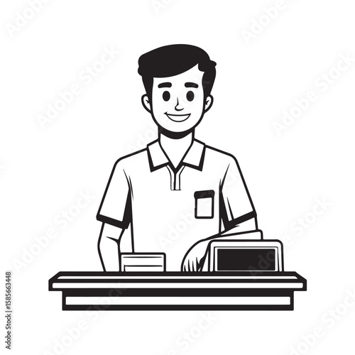Vector image of a cashier working in front of a cash register, showing a professional figure serving customers in a friendly manner.