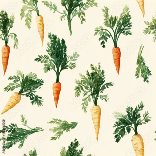 Wallpaper Mural Earthy watercolor carrots and green tops, seamless garden vegetable pattern Vibrant Carrot Pattern for Fresh Garden Themed Decor Torontodigital.ca