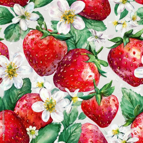 Wallpaper Mural Juicy watercolor strawberries and blossoms, repeating tile for fabric Vibrant Strawberry and Flower Pattern for Fabrics and Wallpapers Torontodigital.ca