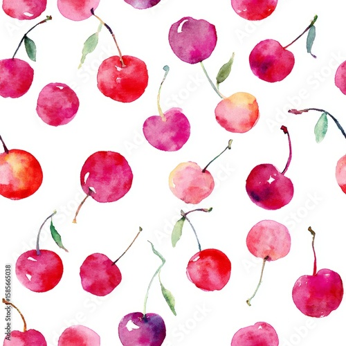 Wallpaper Mural Playful watercolor cherries and stems, repeating pattern for cheerful items Vibrant Watercolor Cherry Pattern for Stylish Designs Torontodigital.ca