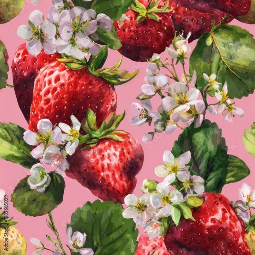 Juicy watercolor strawberries and blossoms, repeating tile for fabric Fresh Strawberries with Blossoms and Green Leaves on Pink Background