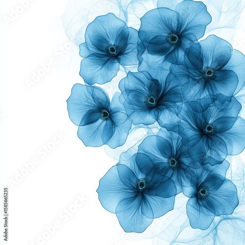 Translucent Blue Poppies on White Background